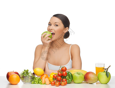 女人吃苹果很多水果蔬菜图片
