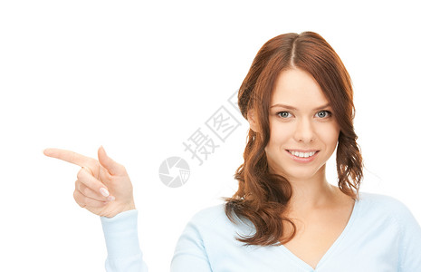 抢货行动吸引力的女商人指着她的手指的照片背景