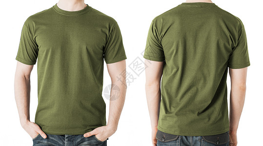 服装理念人空白卡其色绿色t恤,前后视图背景图片