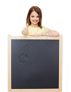 快乐的小女孩用空白黑板竖大拇指图片