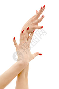 两只手的照片,红色的指甲白色上背景图片