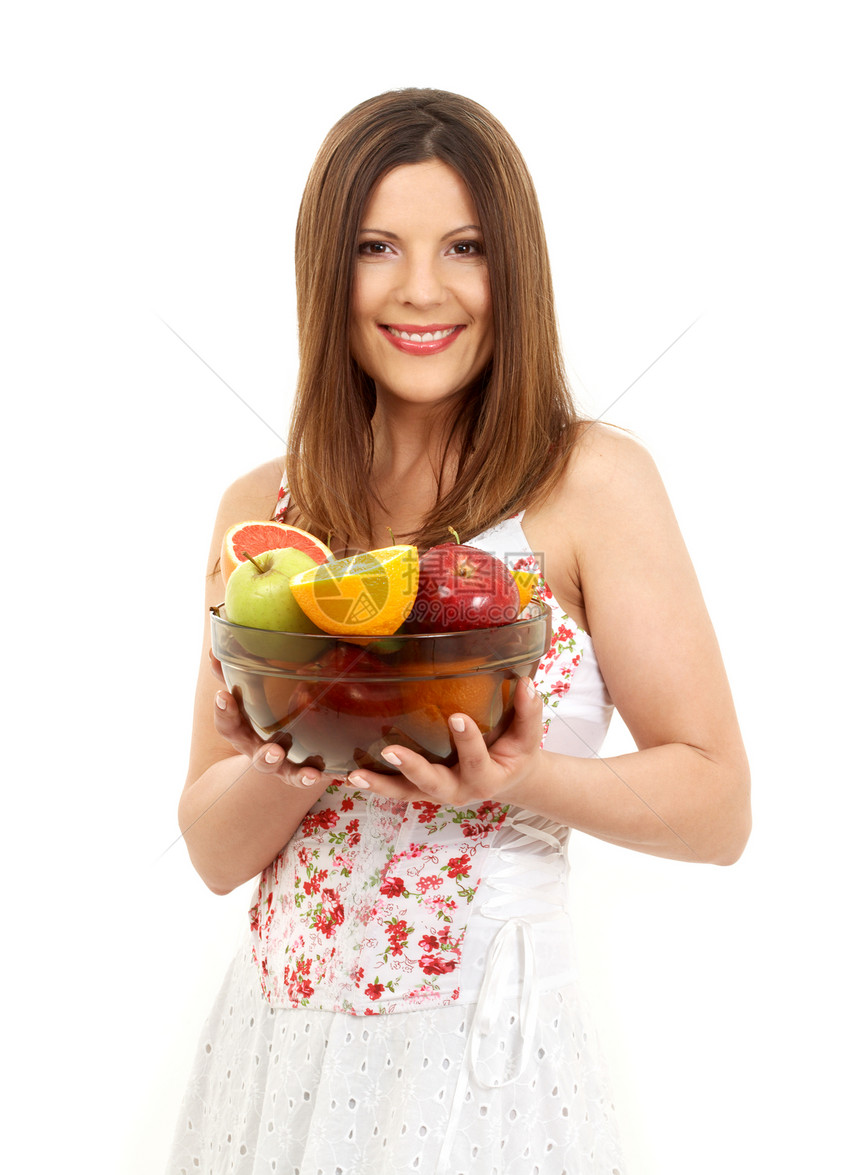 抱着水果的粽发女孩图片