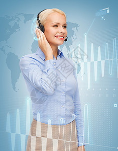 商业,技术呼叫中心友好的女帮助热线运营商与耳机女人高清图片素材