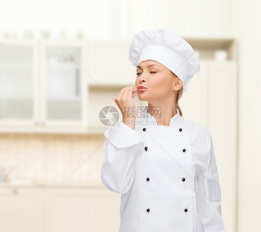 烹饪,手势食物微笑的女厨师表现出美味的姿态图片