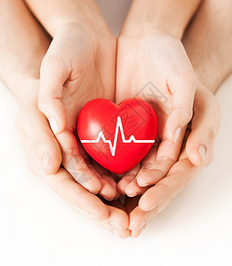 健康医学慈善理念用心电图线握住红心的情侣手的特写背景图片