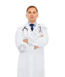 医疗保健职业医学男医生,带听诊器,白色外套,白色背景图片