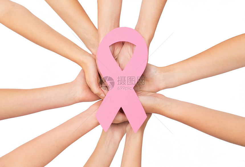 医疗保健,人医学密切妇女的手与纸癌意识符号白色背景图片