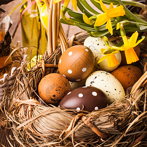 篮子里的棕色黄色鸡蛋,复活节装饰品背景图片