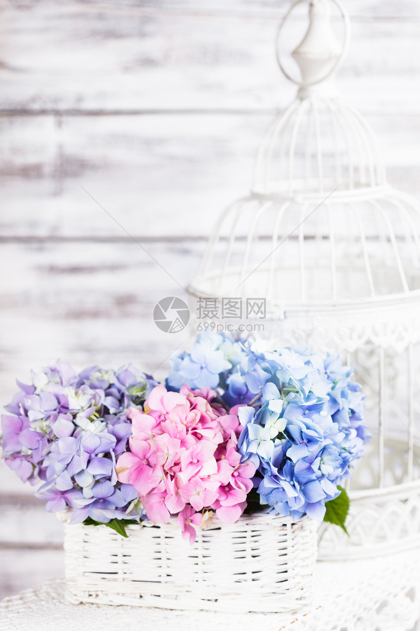 白色篮子里的绣球花家庭的花卉装饰图片