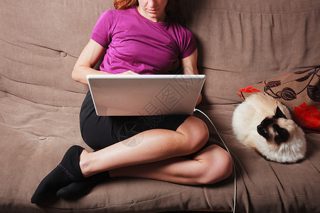 个轻的女人坐沙发上,用笔记本电脑,旁边坐着只猫图片