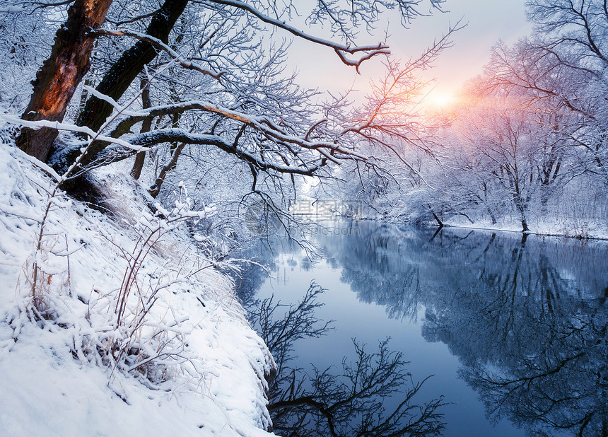 日落时河上的冬季森林五颜六色的风景与雪树,河流与倒影寒冷的夜晚雪覆盖着树木湖泊太阳蓝天雪冬里美丽的森林日图片