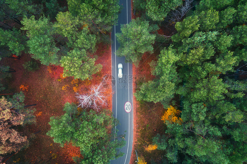 日落时,夏季森林里用模糊的汽车俯瞰道路令人惊叹的景观与乡村道路,树木与绿叶晴天穿过公园的高速公路飞行无人机的顶部图片