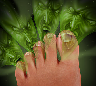 脚出汗脚臭臭脚与人类脚趾释放可怕的臭味,因为绿色怪物的气体来自出汗的皮肤,足病医学健康的标志细菌感染背景