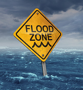 减轻灾害风险洪水警告与黄色交通标志淹没危险的黑暗风暴云天空的水,保险风险的象征,天气危险自然灾害背景