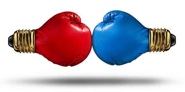 思想之战辩论创新与两个红色蓝色拳击手套,形状为灯泡,争取创造至上个商业竞争的想法背景图片