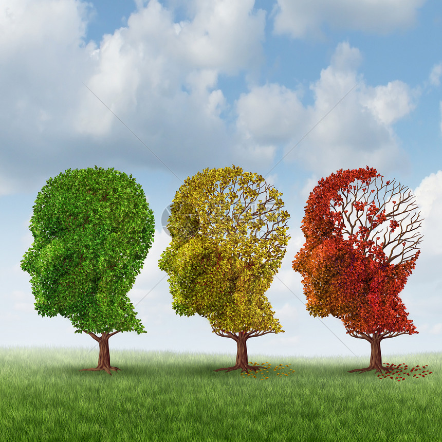 大脑老化记忆丧失由于痴呆阿尔茨海默病与颜色变化的医学图标秋季倒下的树的形状,人的头部失叶子,思想智力功能的丧失图片