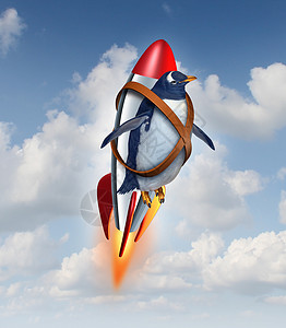 幻想飞企鹅决心成功克服限制,只现实的企鹅空中飞行,用火箭商业象征,你克服障碍的能力中实现潜力可能背景