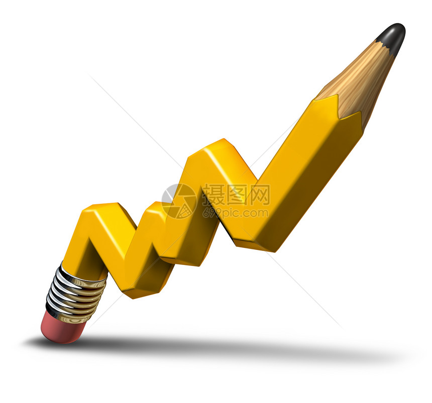 计划利润创造的增长与黄色木制铅笔的形状股票市场图,代表成功的领导个商业象征的财务计划白色的背景图片