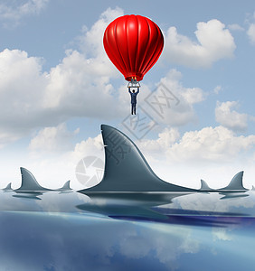 避免危险,并超越风险,个商业,创新的战略领导解决方案,困难的金融挑战,个商人乘坐热气球飞越危险的鲨鱼集背景图片