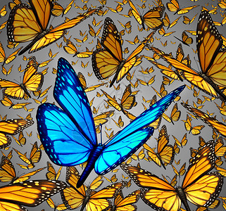 新的愿景人群中脱颖而出,商业理念个的象征创新思维,群帝王蝴蝶,以种独特的昆虫色蓝色创意的象征背景图片