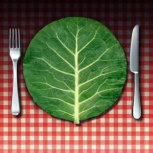 素食种健康的生活方式食品,叉子刀的地方为绿色的菜叶,形状为餐盘,格子的餐厅桌布上,市场新鲜营养烹饪的隐喻背景图片