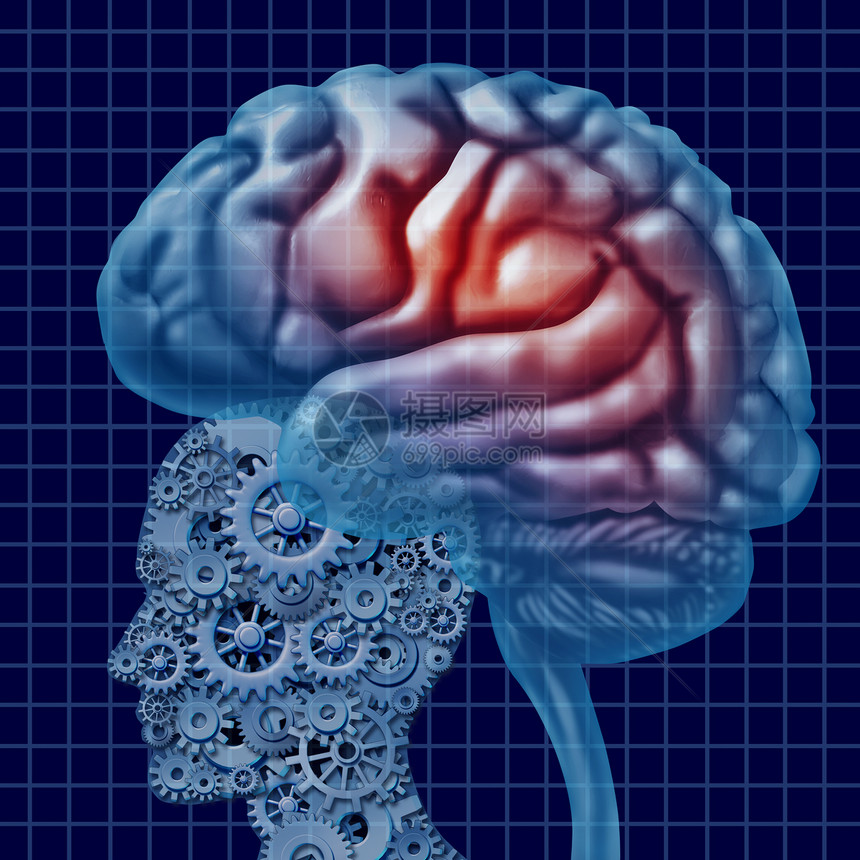 大脑智能技术种心理健康,由连接齿轮活跃神经元功能的齿轮成的人头,神经认知诊断的大脑图标图片