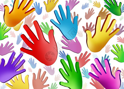 志愿者手社区群五颜六色的人类手空中举的象征,代表着多民族文化多样,友谊同努力,个社会成功的队投票高清图片素材