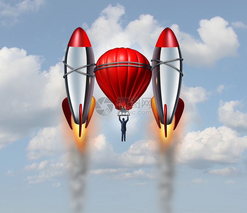 加速增长的商业,个商人乘坐热气球飞行,两个火箭助推器的帮助下,个职业成功的比喻,以新的创新竞争思维增加机会图片