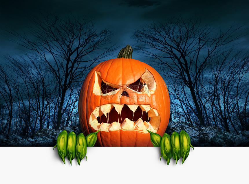 恶魔南瓜标志个愤怒的可怕的橙色杰克灯个闹鬼的黑暗秋林,着个空白的标志,个趣的可怕的季节节日图片