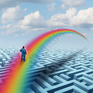 卓越的个创造的解决方案,个商人跨越个复杂的迷宫迷宫,用彩虹制成的桥梁个成功的隐喻,以可视化未来的成就背景图片
