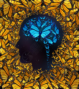 灵感思维潜力隐喻群蝴蝶,以人的脸大脑的形状学的象征,以及教育创新的力量图片