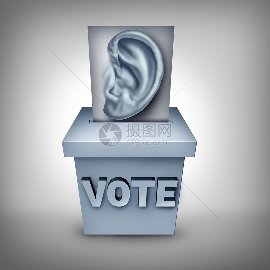 倾听选民的,倾听选民的愿望,象征着投票,人的耳朵被投投票箱里,关注选举社会经济问题种战略的图标图片