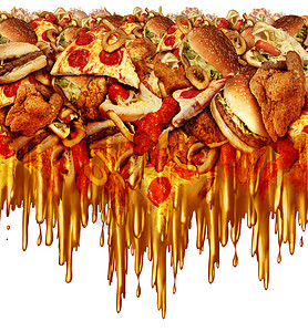 油腻的饮食健康的快餐,液体滴油脂洋葱圈汉堡热狗炸鸡薯条健康饮食营养的象征背景图片