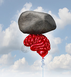 脑动力个红色气球,形状像个人类思维器官,举块沉重的岩石象征,心理健康隐喻强大的创造智力记忆力量高清图片素材
