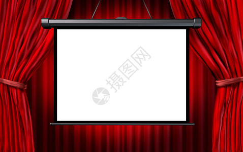 电影院剧院场景中屏幕,红色天鹅绒窗帘娱乐活动符号,白色空白背景图片