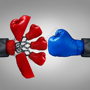 战略优势商业竞争力种红色拳击手套,打开了个秘密,揭示了多个队成员与另个手竞争背景图片