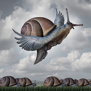 优势种商业隐喻,群超现实的蜗牛地上缓慢爬行,与只翅膀的飞翔蜗牛比,竞争创新的象征,并高于其他蜗牛背景图片