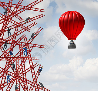 新的战略独立的思想家符号新的创新思维领导个,群人混乱的方向上攀登梯子,队员工个红色的气球上朝个明确的背景图片