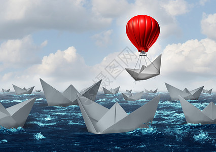 商业优势的游戏改变者的象征个海洋与群纸船艘船上升其他的借助个红色热气球个成功创新的隐喻新的思维背景图片