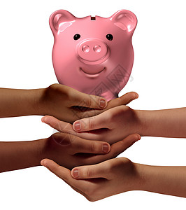 社区储蓄业务社会银行符号群同的手,举着个储蓄罐社会财富管理的金融图标图片