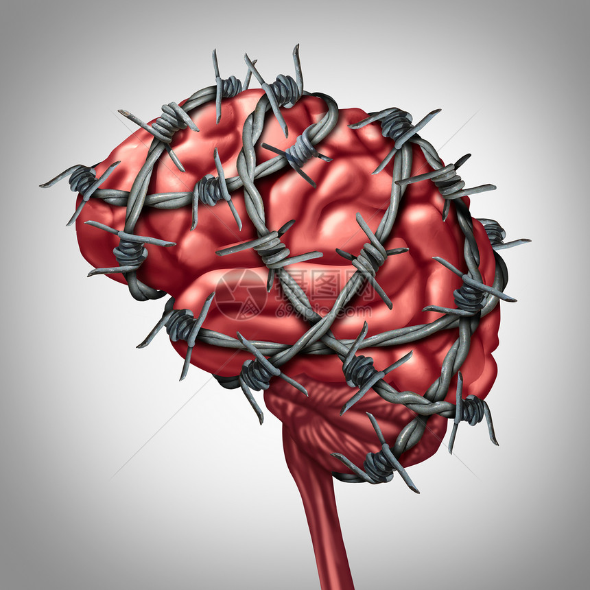 脑痛医学保健种人类思维器官,用铁丝网锋利的铁丝网包围解剖,痛苦的炎症疾病偏头痛头痛痛苦的象征图片