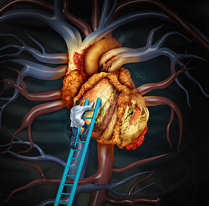 高胆固醇治疗医疗治疗,医生梯子上清洁个问题的心脏由油腻的快餐外科医生清除脂肪堆积堵塞的人体器官,动脉粥样硬化疾背景图片