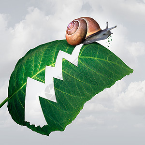 指示蜗牛箭头缓慢利润增长的商业蜗牛,吃植物来比喻经济放缓,树叶中个像金融箭头图样的洞背景