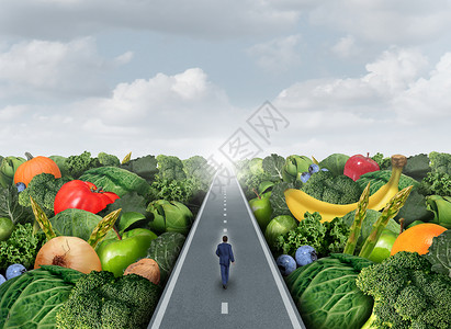 吃健康的道路,个人走条道路上,水果蔬菜农业隐喻机市场,新鲜健康食品基因产品图片
