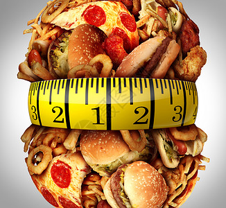 肥胖腰围饮食健康的快餐,如汉堡包炸薯条热狗,膨胀成肥胃,用卷尺包裹油腻的食物上背景图片