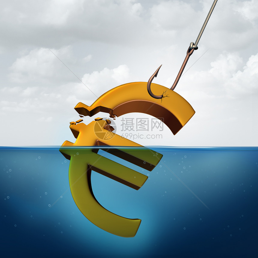 欧洲的税收较低回报的商业理念个三维欧元货币标志水中个钓鱼钩拉了部分金融符号利润,隐喻劣质的表现税收图片