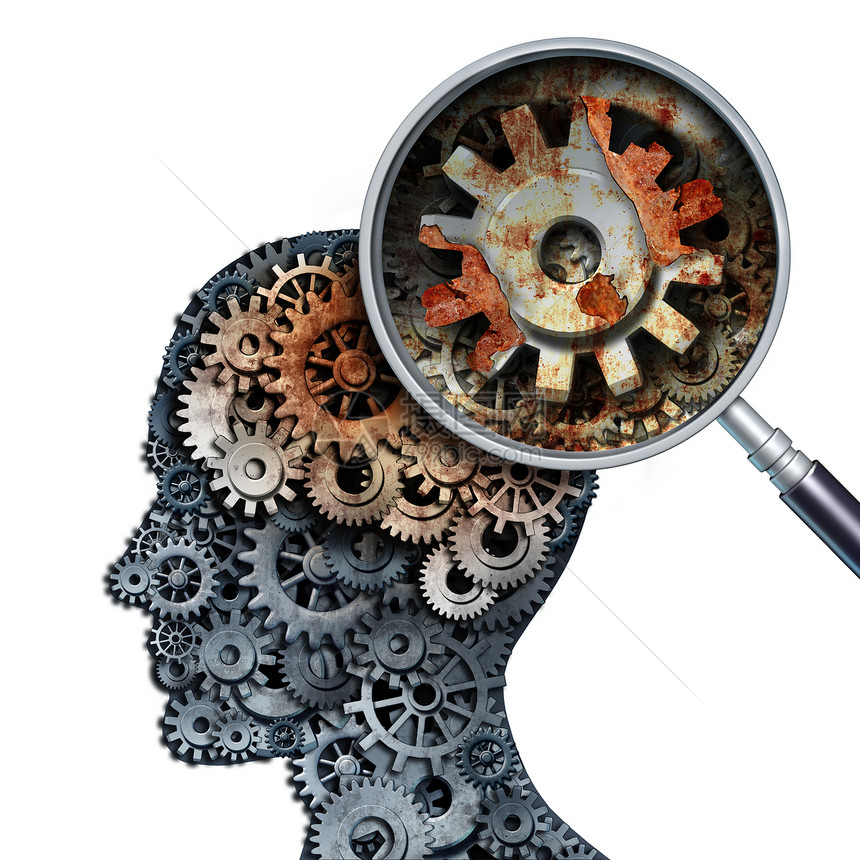 大脑衰退痴呆衰老脑癌衰退阿尔茨海默病的记忆丧失,其医学标志旧的生锈机械齿轮金属齿轮的齿轮,形状为人的头部生锈图片