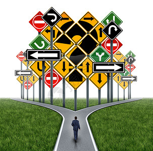 商业决策挑战个商人条十字路口临着个无法两难的境地,交通标志被塑造成个问号,咨询企业指导的隐喻背景图片