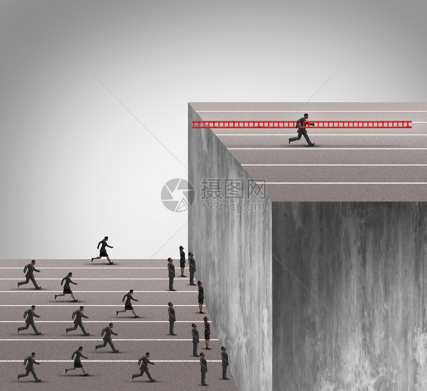 商业创新优势群商人遇高墙障碍,个聪明的竞争商人用梯子爬上,随身携带工具,否认机会的竞争图片