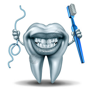牙齿干净的角色,着牙刷串牙线,人类磨牙的牙齿上微笑,牙科牙科卫生的象征图片